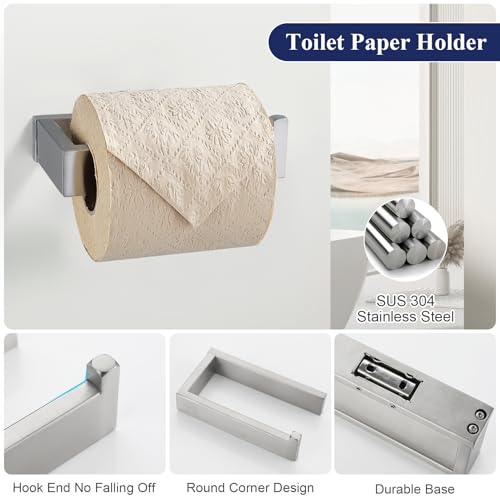 3 Pieces Brushed Nickel Bathroom Hardware Accessories Set,SUS304 Stainless Steel Towel Holder Set Towel Holder Robe Hook Toilet Paper Holder Wall Mounted - color: Brushed Nickel