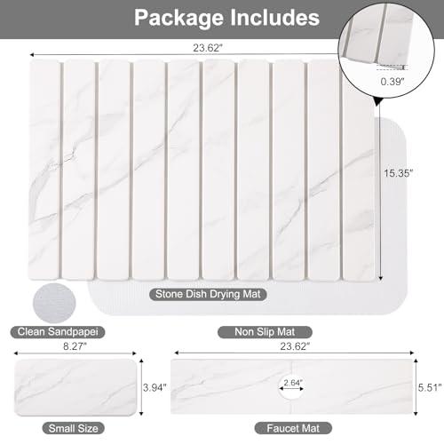 3 PCS Large Stone Dish Drying Mat for Kitchen Counter, Quick Dry Stone Dishes Mats, Sink Faucet Mat, Marble Water Absorbing Diatomaceous Earth Drying Pad for Countertop Tableware, Bottles - color: White Grey Marble