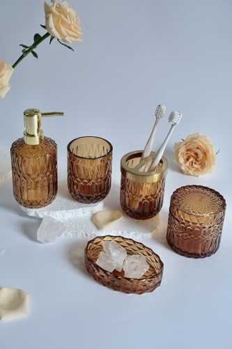 LaMarriti Amber Bathroom Accessories Set, 5Pcs Clear Glass Bathroom Sets, Hand Soap Dispenser, Soap Dish, Toothbrush Holder Set, Qtips Holder for Crystal Vintage Bath Decor, Set - style: Amber Brown