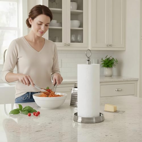KASUNTO Paper Towel Holder With Heavy Weighted Base - Steel Countertop Stand for Kitchen, Bars & Dining Tables - Fits Standard & Jumbo Rolls - Brushed Nickel - color: Brushed Nickel