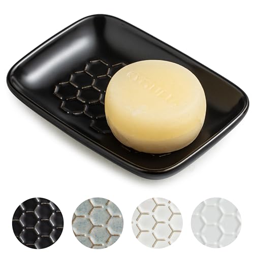 Gomakren Soap Dish for Shower, Ceramic Bar Soap Holder with Honeycomb Design - Father's Day Soap Saver Tray for Bathroom Kitchen Sink, Sponge & Organizer Tray, Upscale Look, 5.5 Inch, Black - color: Black, size: Honeycomb