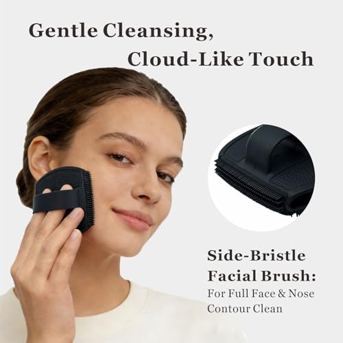 Silicone Body Scrubber & Face Scrubber Set, Shower Scrubber with Soft Bristles, Non-Slip Scrubbies for Body, Face Scrubber Exfoliator for Sensitive Skin(Black+Black) - color: Black+black