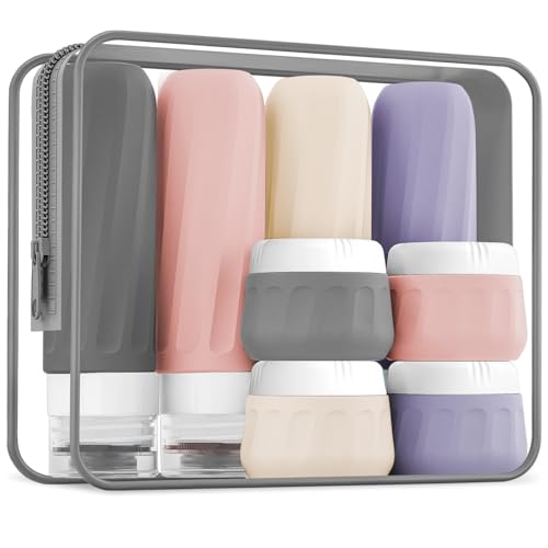 Mrsdry Travel Bottles for Toiletries 8 Pack, Travel Size Toiletries, Tsa Approved Travel Size Containers 3oz, with Travel Essentials Clear Bag, Leak Proof Silicone Squeezable Creams Jars - color: Red Rock, size: 3oz bottle 1oz jar