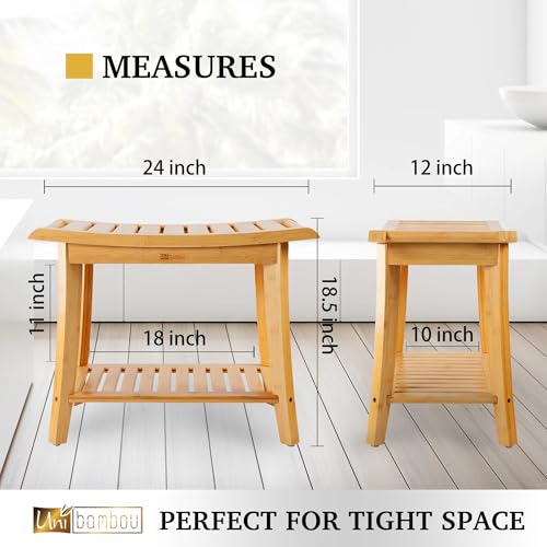 Unibambou Bamboo Shower Bench with Storage Shelf, Spa Bath Chair for Bathroom, Seat or Organizer for Living Room, Bedroom and Garden - Great for All Ages Unisex Elderly (Large, Natural) - color: Natural, size: Large 24x12x18 Inch