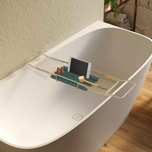 Bathtub Tray for Tub, Metal Expandable Extra Wide Bath Caddy Tray for Bathtub with Natural Marble Groove for Bath Spa (Gold Frame Green Marble Base) - color: Gold Frame Green Marble Base