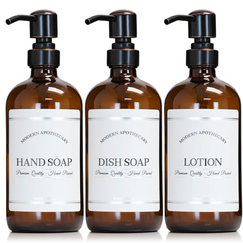Amber Refillable Hand, Dish, Lotion Dispenser Set with Pumps for Kitchen Sink - Glass Boston Round Bottles - Waterproof Labels - 16 oz - 3 Pack - color: Oil Rubbed Bronze