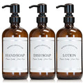 Amber Refillable Hand, Dish, Lotion Dispenser Set with Pumps for Kitchen Sink - Glass Boston Round Bottles - Waterproof Labels - 16 oz - 3 Pack - color: Oil Rubbed Bronze