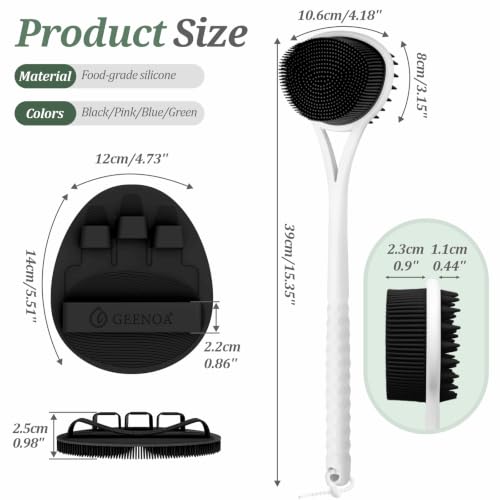 Silicone Back Scrubber & Bath Glove Set, 15.35’’ Soft Back Scrubber with Dual-Side Brush Head, 360° Anti-Slip & Enlarged Exfoliating Body Scrubber for Rich Foaming Deep Cleaning(Black) - color: Black