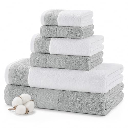 Modern Threads 600 GSM 6-Piece Towel Set with Filgree Jacquard Border, Silver - color: Silver, style: Jacquard Border