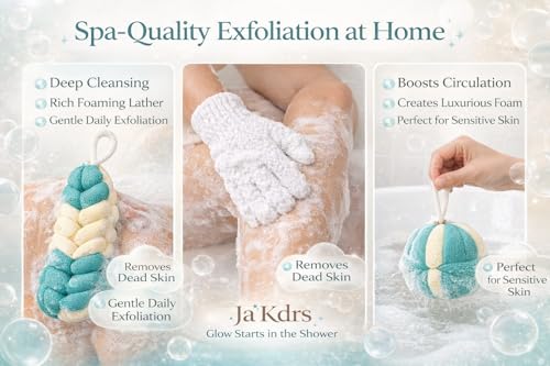 Ja'Kdrs Loofah and Exfoliating Glove Set, 2 Piece Bath Sponge Set (Teal & White) - color: Teal & White