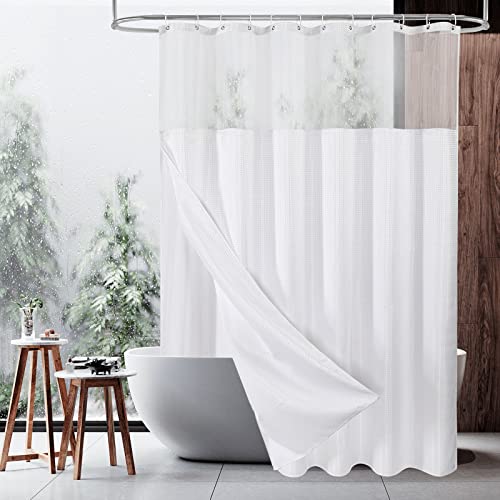 MitoVilla White Waffle Shower Curtain Set with Snap-in Liner, Modern Waffle Weave Heavyweight Fabric Shower Curtain for Luxury Neutral Hotel & Spa Bathroom Decor, 72 x 72 - color: White, size: 72"W x 72"L (Pack of 1)