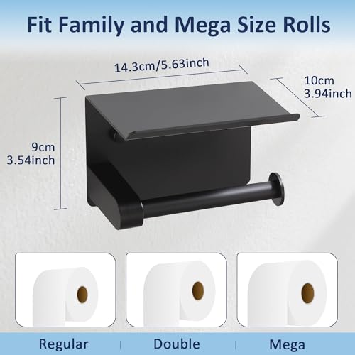 BGL Toilet Paper Holder with Shelf, Matte Black Rustproof Adhesive or Drill Installation Fits Mega Rolls Bathroom Tissue Holder - color: Black