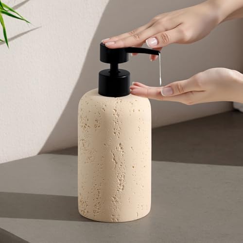 Soap Dispensers 11OZ, 2PCS, Travertine Stone Look, Faint Yellow | Luxurious, Modern, Resin, For Hand Soap, Dish Soap, Shampoo and Conditioner, Lotion, for Bathroom Countertop Kitchen Sink - color: Faint Yellow