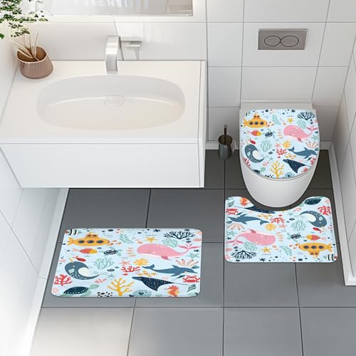 4 PCS Blue Kids Bathroom Set Summer Ocean 72Wx72H Shower Curtain Set Bath Rug Toilet Lid Cover Nonslip U Shape Mat Whale Funny Cartoon Cute Animal Resistant Accessories 12 Hooks Bathroom Decor - color: A 02 Blue, size: 72"W x 72"L (Pack of 4)