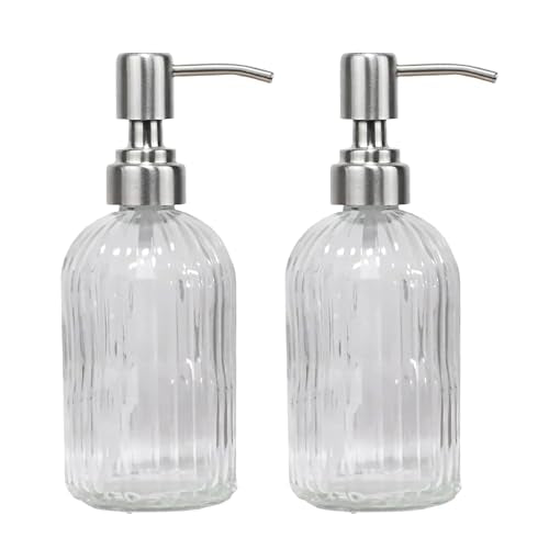 14Oz Clear Soap Dispenser Bathroom - 2 Pack, Clear Glass Hand Soap Dispensers with Stainless Steel Pump, Refillable Dish Soap Dispenser for Kitchen, Countertop Soap Dispensers - color: Clear（2-pack）