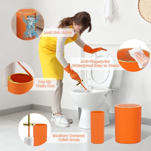 Orange Bathroom Accessories Set - Bathroom Sets, 25PC Bath Accessory Set, Bathroom Sets with Push Top Trash Can, Shower Curtain and Rugs, Toilet Brush, Trash Can & Soap Dispenser - color: Orange & Gold, size: 25-Piece Set (Accessories + Shower Curtain + R