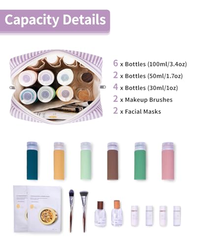 Narwey Striped Makeup Bag Travel Cosmetic Bag Organizer Toiletry Bag Make Up Bags with Compartments for Women Girls (Large, Purple Stripe) - color: A-Purple Stripe, style: Large