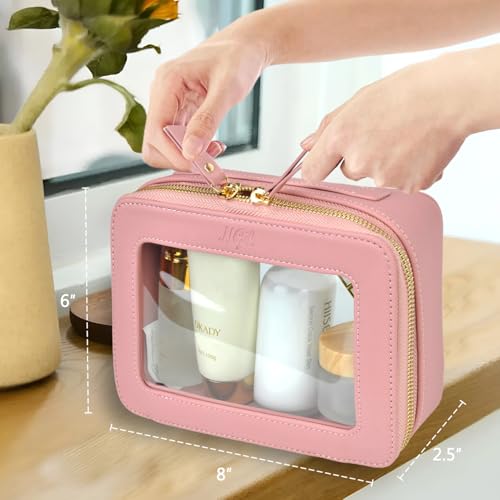 NGIL Clear Faux Leather Travel Toiletry Bag, Makeup Bag Organizer for Women, Clear Window & Gold Zipper Makeup Bag, Road Trip Essential, Skincare, Cruise Ship Essentials (Pink) - color: Pink