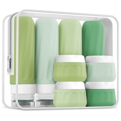 Mrsdry Travel Size Toiletries 10 Pack, TSA Approved 3oz & 1oz Silicone Refillable Containers with Clear Travel Bag - color: Water Green, size: 3oz bottle 1oz jar