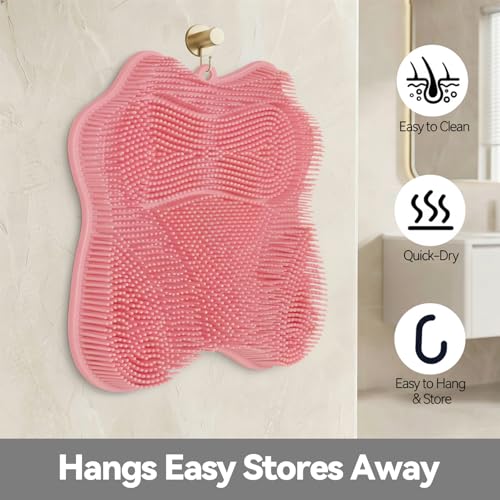 ozner Silicone Shower Foot Scrubber Mat,Back Washer Bath Wash Pad Exfoliating & Massage, Wall Mounted Slip Strong Suction Cups for Use in Cleaner Men and Women (Pink) - color: Pink
