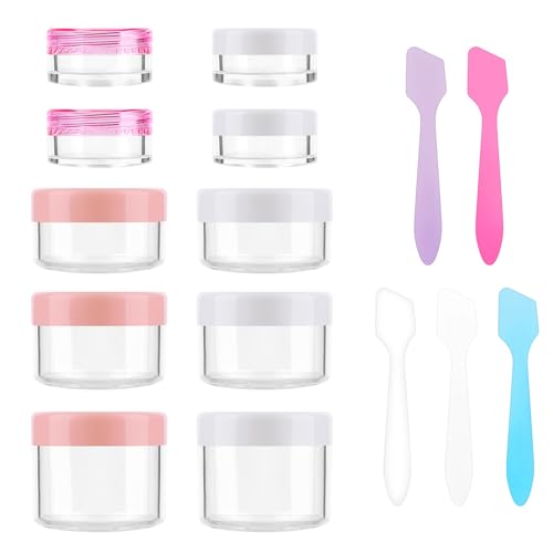 Accmor 10 Pieces Makeup Travel Containers with Lids 0.11/0.18/0.35/0.53/0.7 OZ Size Cosmetic Jars with 5 Pieces Mini Spatulas for Gift, Makeup Sample Container(White & Pink) - color: White+Pink