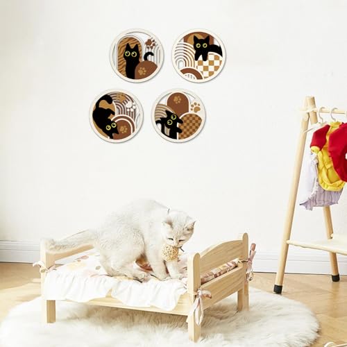 TOARTi 4PCS Boho Black Cat Wall Art Set, Minimalist Geometric Wooden Wall Decor,Abstract Bohemian Black Cats Hanging Sign, Farmhouse Cute Kitty Artwork for Bedroom Living Room Nursery Cat Lovers Gifts - color: 4pcs Boho Black Cat Wall Art