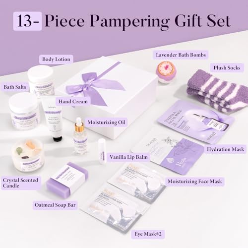 Spa Gifts for Women 13Pcs Mothers Day Gifts Happy Birthday Gift Baskets Christmas Relaxation Home Spa Kit Lavender Bath Set Self Care Package Thank You Box for Mom Her Sister Teacher Friends Purple - color: Purple