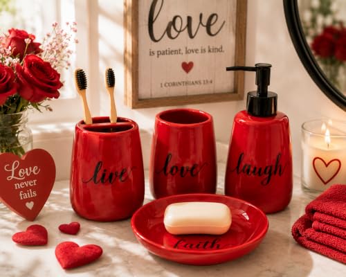 Red Ceramic Bathroom Accessories Set, 4 Piece Farmhouse Bathroom Decor, Soap Dispenser, Toothbrush Holder, Tumbler & Soap Dish, Live Love Laugh Faith Bathroom Countertop Set - style: red