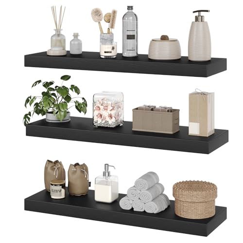 RALGEND Floating Shelves for Wall, 1.5" Thick Wall Shelf Set of 3 with Invisible Brackets, 23.6L x 7.9W Hanging Book Shelves Farmhouse Home Decor for Bathroom, Living Room, Bedroom, Black 6301BJP3BK - color: Black, size: 23.6 Inches