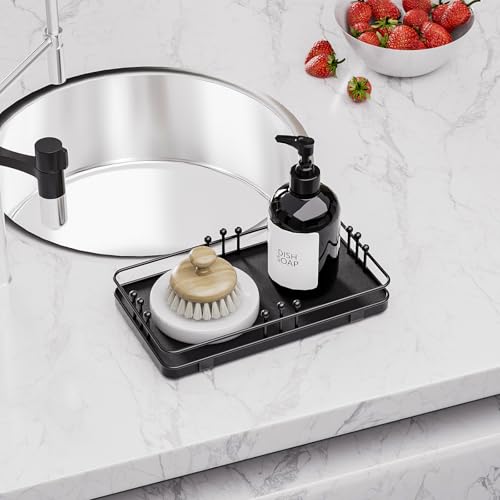 Bathroom Vanity Tray for Toiletries Makeup Perfume Candle Toilet Tank, Kitchen Tray for Soap Dispenser Spice Salt, Small Black Tray for Countertop Decor Coffee Nightstand 7.9”x4.4” - color: Black + Black, size: 7.9" x 4.4" x 1.6"