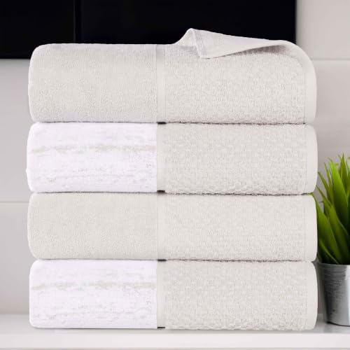 Superior Cotton Bathroom Towel Set Plush Absorbent 4 Piece, Stone White | Large Full Body Highly Absorbent, Quick Dry, Jacquard & Solid Pattern Assorted Towels, 4 Bath Towels, Lodie Collection - color: Stone-white, size: Bath Towel 4 Pack - (Jacquard + So