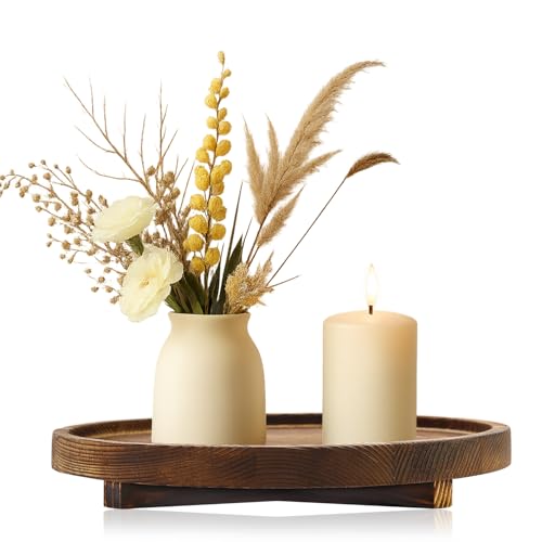 12 inch Large Round Decorative Tray Wood Bathroom Counter Organizer Farmhouse Kitchen Decor Wooden Riser for Perfume Soap Dish Wood Decorative Candle Holders for Home Decor Brown Table Centerpieces - color: Dark Brown, size: 12"