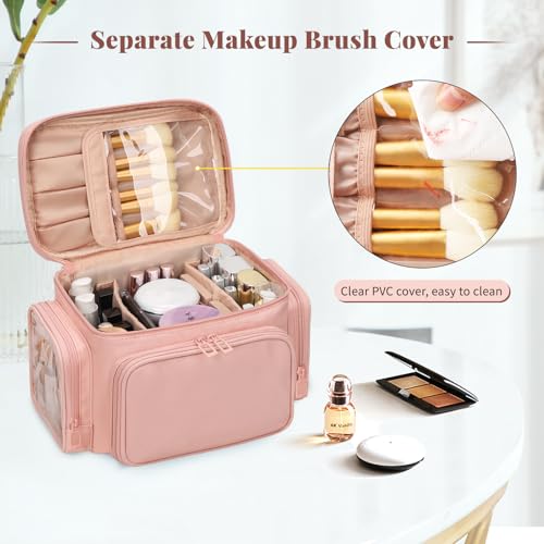 Bagmoly Large Makeup Bag, Portable Travel Makeup Bag Organizer for Women Girls with Makeup Brush Compartment & Two Side Pockets, Cosmetic Travel Bag Vertical Storage Toiletry - Pink - color: 03-Pink, size: Medium
