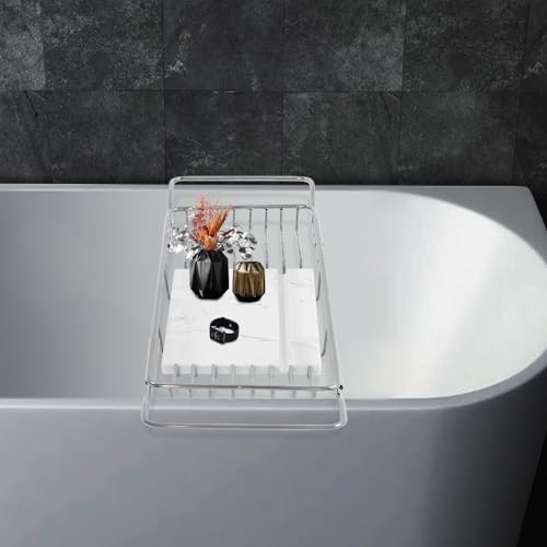 Stainless Steel Bathtub Tray for Large Soaking Tub, Metal Expandable | Wide Bath Caddy Tray for Bathtub with Natural Marble Groove for Bath Spa, Silver Frame, Adjustable range (26.77 - 35.43in) - color: Silver Frame White Marble Base