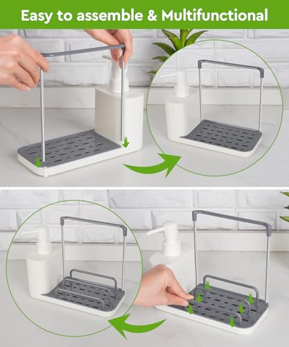 Hand and Dish Soap Dispenser Set with Tray, Dual Soap Dispenser with Sponge Holder and Dishcloth Holder 5-in-1 Organizer for Kitchen Sink Countertop Storage Organize - Useful Kitchen Gadgets (White) - color: White