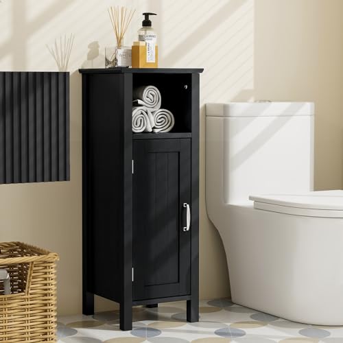 Tangkula Bathroom Floor Storage Cabinet With Anti-Tipping Device, 3-Height Adjustable Shelf, Wood Freestanding Side Cabinet for Home Office, 12 x 12 x 31.5 Inches (Black) - color: Black