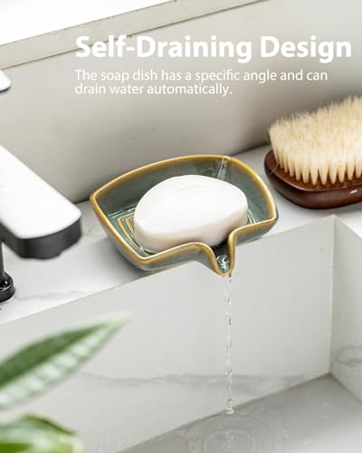 Self Draining Soap Dish, Ceramic Drain Soap Holder Waterfall Design Soap Saver for Shower, Bathroom, Sink, Kitchen and Countertop, Keeps Dry, Blue and Green - color: Blue and Green, size: Rectangular