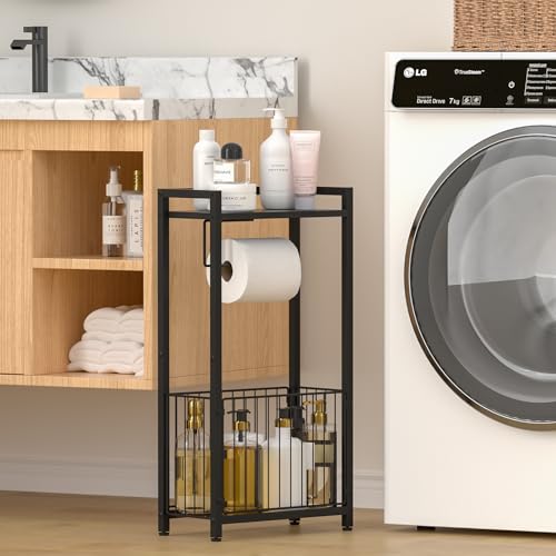 Freestanding Toilet Paper Holder with Storage Shelf – Bathroom Tissue Stand with Space for Phone, Tablet, and Magazines – All-in-One Toilet Roll Dispenser and Organizer - size: Standard