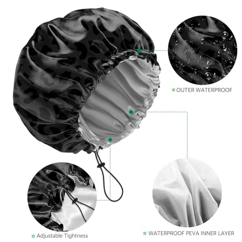 2 PCS Shower Cap Waterproof Double Layer Elastic Adjustable Reusable Hair Bath Caps for Girls Women Cute Aesthetic-Black - color: G8-Black