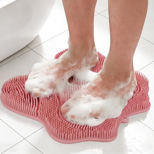 ozner Silicone Shower Foot Scrubber Mat,Back Washer Bath Wash Pad Exfoliating & Massage, Wall Mounted Slip Strong Suction Cups for Use in Cleaner Men and Women (Pink) - color: Pink