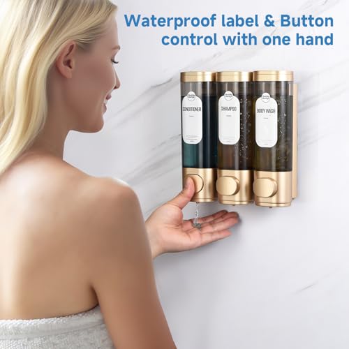 Shampoo and Conditioner Dispenser, Refillabe Shower Soap Dispensers 3 Chamber No Drill Shampoo Dispenser for Shower Wall Mounted 3 * 300ml Container for Bathroom Hotel (Bronze Gold 3 Chamber)