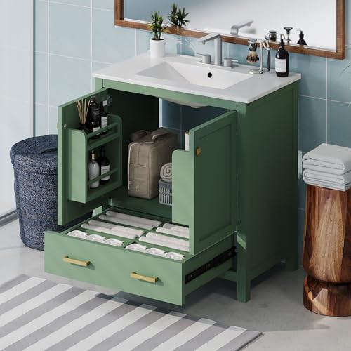 Linique 30" Modern Bathroom Vanity with Sink Combo Set, Solid Wood Frame Bathroom Storage Cabinet with 2 Soft Closing Doors and a Drawer, Multifunctional Storage, Green - color: Green