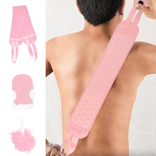 3 Pcs Exfoliating Bath Set with Back Scrubber Strap Shower Glove and Loofah Sponge for Deep Body Cleaning and Full Body Exfoliation(Pink) - color: Pink
