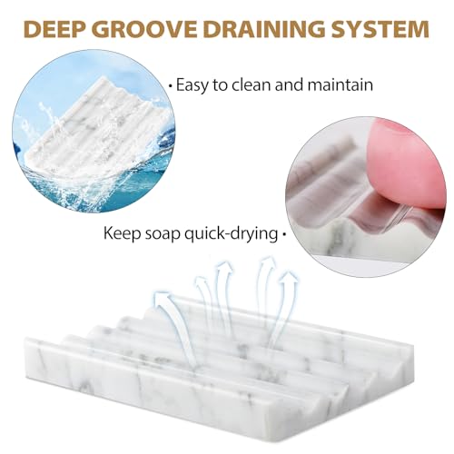2PCS Koville Italian Natural Marble Soap Dish for Shower, Stone Soap Tray for Bathroom, Bar Soap Holder for Sink, Stripe Grooves Saver Keep Bars Dry Easy Clean (Bianco Carrara) - color: Bianco Carrara
