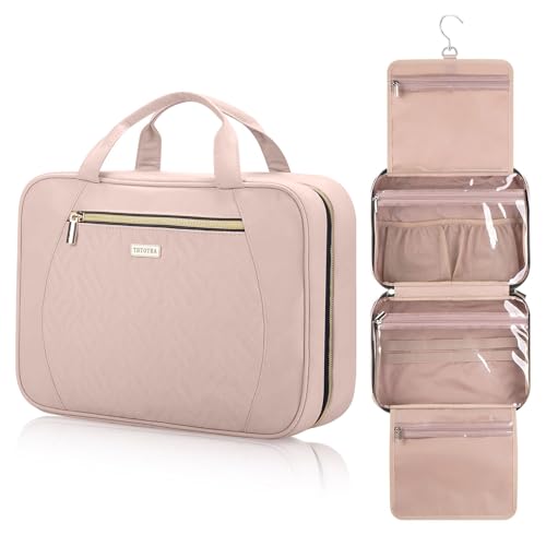 Hanging Toiletry Bag for Women Travel, 2 Sizes Large & Small Waterproof Cosmetic Organizer with 4 Compartments, Rotating Hook, Foldable Pink Travel Bag for Toiletries & Makeup - Medium Pink - color: Pink, size: Medium