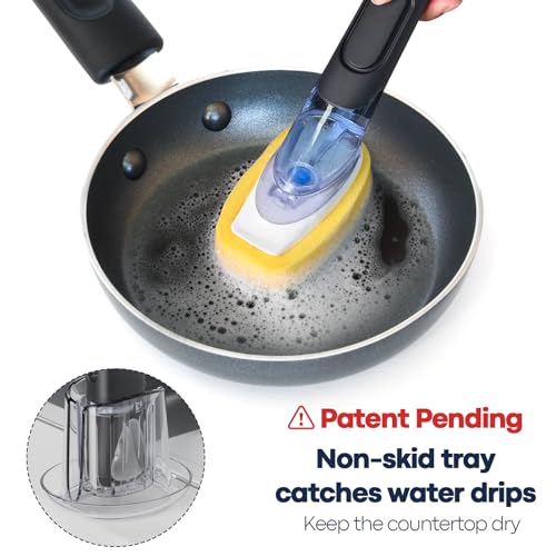 Dish Brush with Soap Dispenser Storage Set with 2 PCS Sponge Refills & Holder, Soap Dispensing Dish Brushes, Sponge with Soap Dispenser Handle, Dish Sponges with Handle for Dishes Pans Pots Sink - color: Black