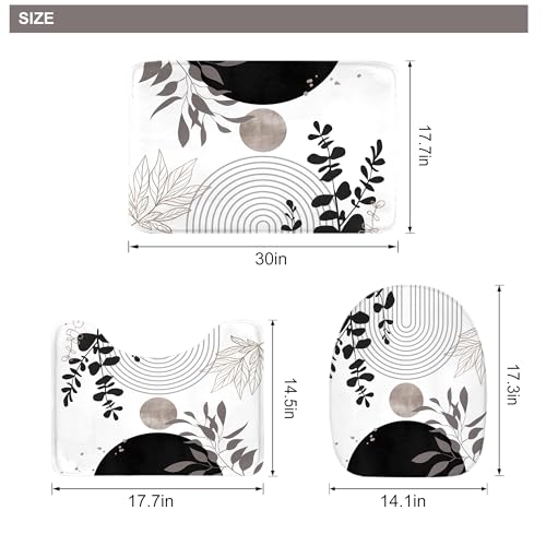 Riyidecor Black White Boho 4Pcs Bathroom Shower Curtain Sets Gray Retro Abstract Leaves Bathroom Decor Set with Rugs and Accessories Modern Neutral Toilet Lid Rug, Contour and Bath Mat with 12 Hooks - color: 06black White