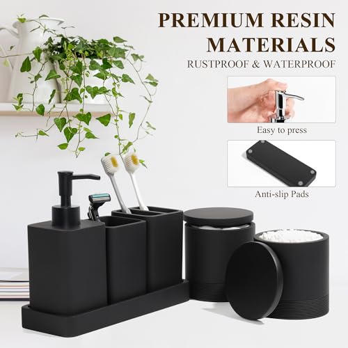 YMXYJM Bathroom Accessories Set, 6 Piece Bathroom Set with Toothbrush Holders, Soap Dispenser, Vanity Tray, Tumbler, Cotton Swab Jars, Bathroom Organizer，Bathroom Sink Sets, Matte Black - color: Black
