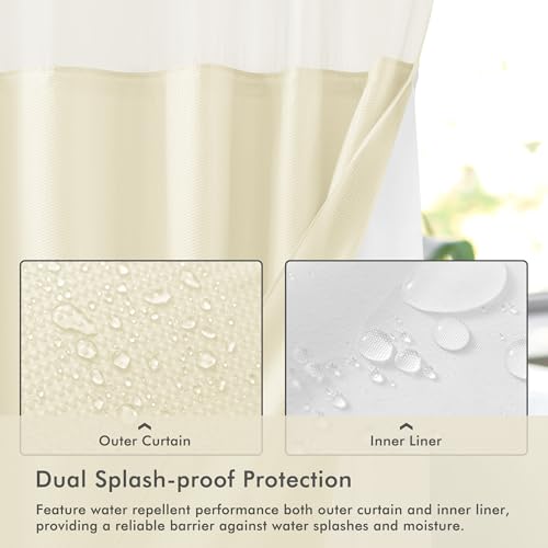 Mrs Awesome No Hook Shower Curtain with Snap-in Liner Less Time On/Off, Embossed Waffle-Look Textured Fabric Shower Curtain for Bathroom, Soft & Lightweight, 71x74, Cream - color: Cream, size: 71"W x 74"L (Pack of 1)