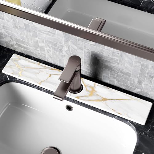 Mrcrypos Stone Faucet Mat for Kitchen Sink, 23.6" Fast Drying Sink Splash Guard White Marble Diatomite Mat Around Faucet Absorbent Stone Tray for Kitchen Bathroom Counter - size: 23.6" x 3.9"